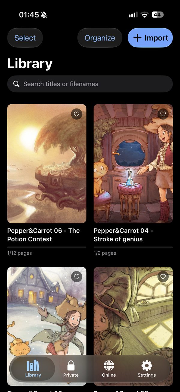 The ComicStow library: a grid of comic covers with titles and pages read, and Import, Organize and Select buttons.
