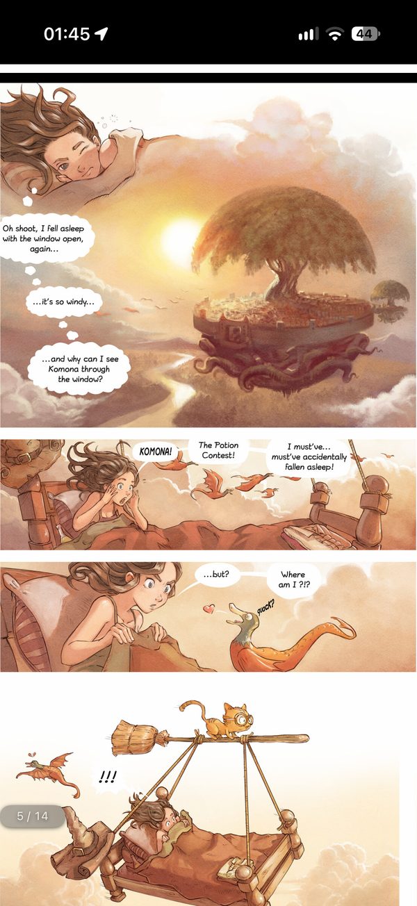 A comic chapter read as one continuous vertical strip, with the page counter showing 5 of 14.