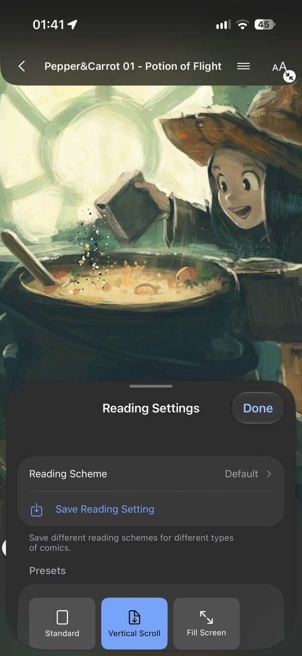 The Reading Settings sheet over a comic page, with the Standard, Vertical Scroll and Fill Screen presets.