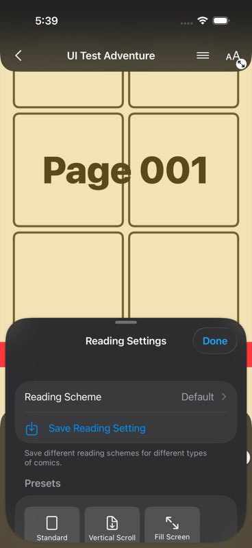 The Reading Settings sheet over a sample comic page, showing reading schemes and presets.