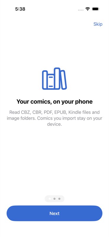ComicStow's welcome screen listing the supported formats.